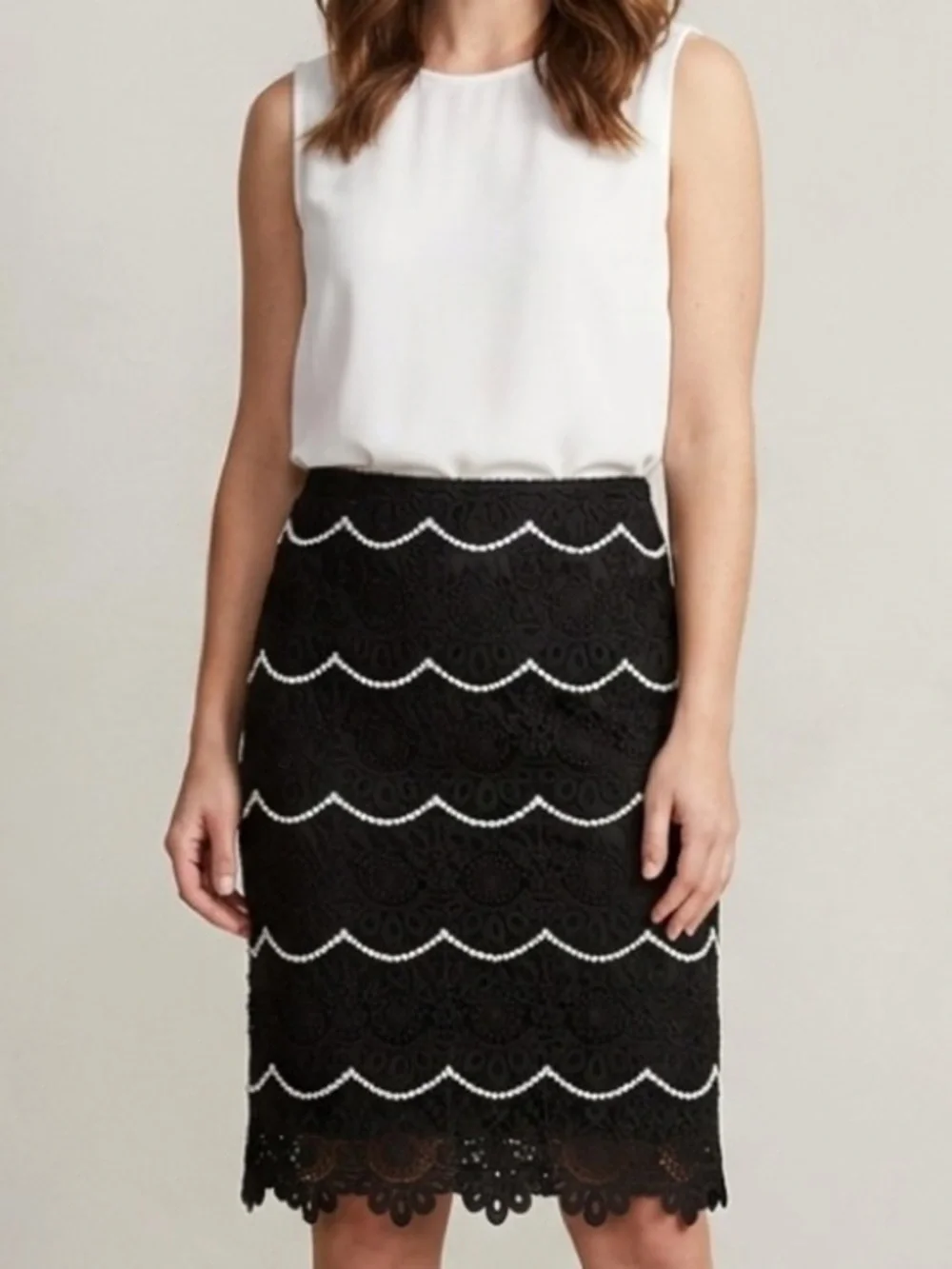 Talbots Black Lace Pearl Appliqué Pencil Skirt Size 10